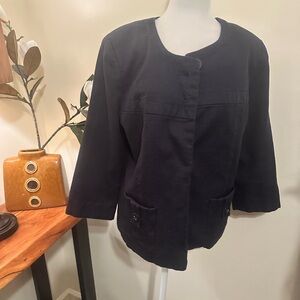 Harvé Benard Navy Textured Jacket Large Cropped 3/4 Sleeve Minimalist Blazer